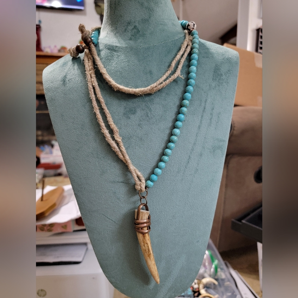 GV turquoise color stone cord Copper wrapped antler 23" total including antler